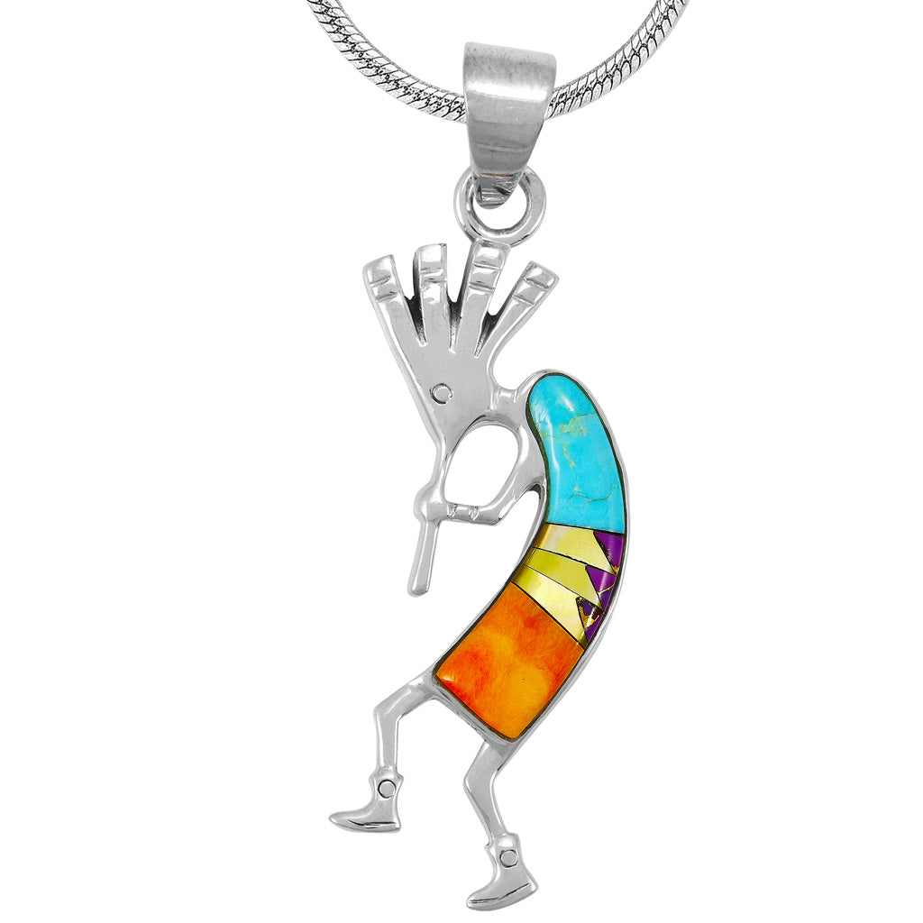 Multi-Gemstone 2" Kokopelli Pendant Sterling Silver P3289-LG-C01