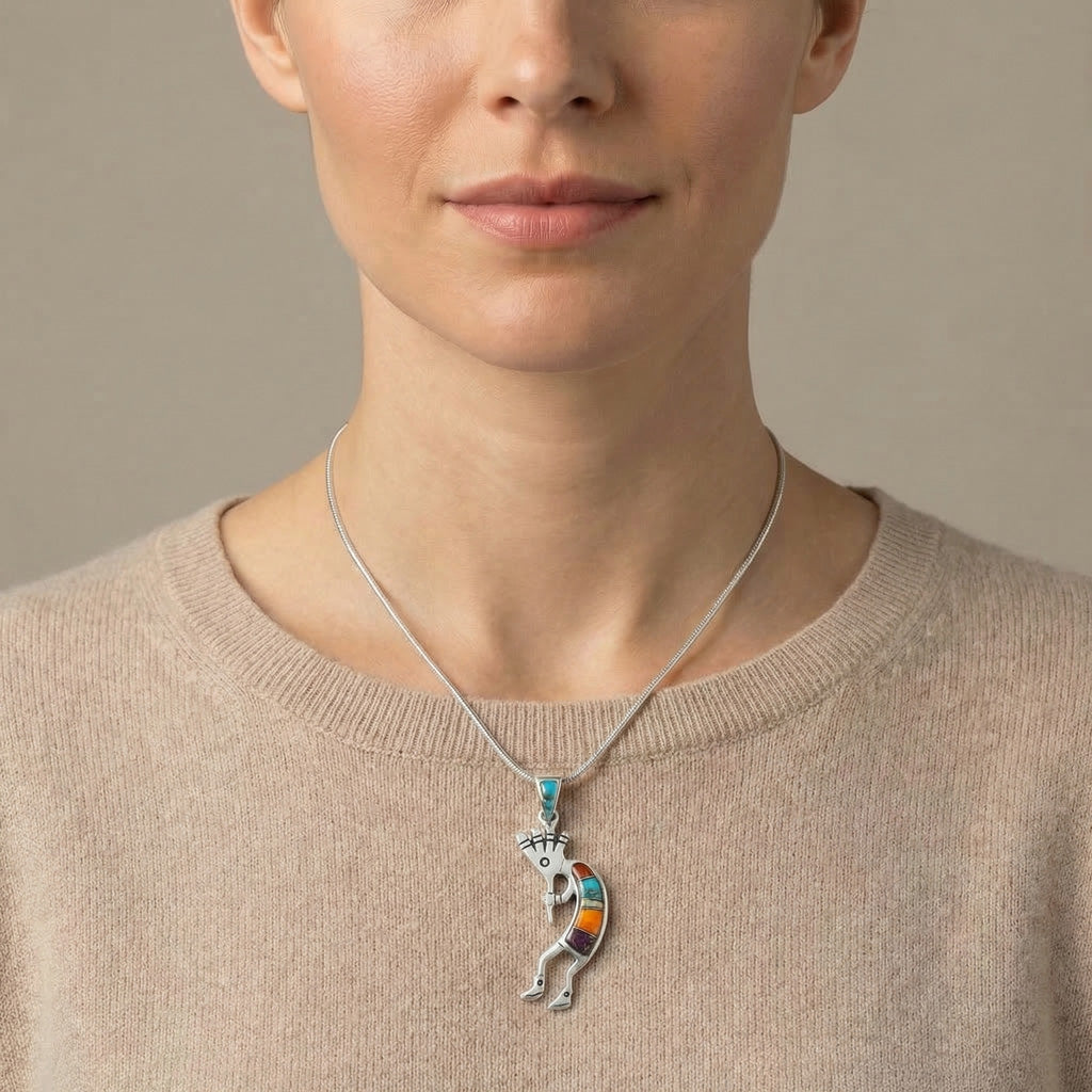 Multi-Gemstone 1.5" Kokopelli Pendant Sterling Silver P3289-SM-C00