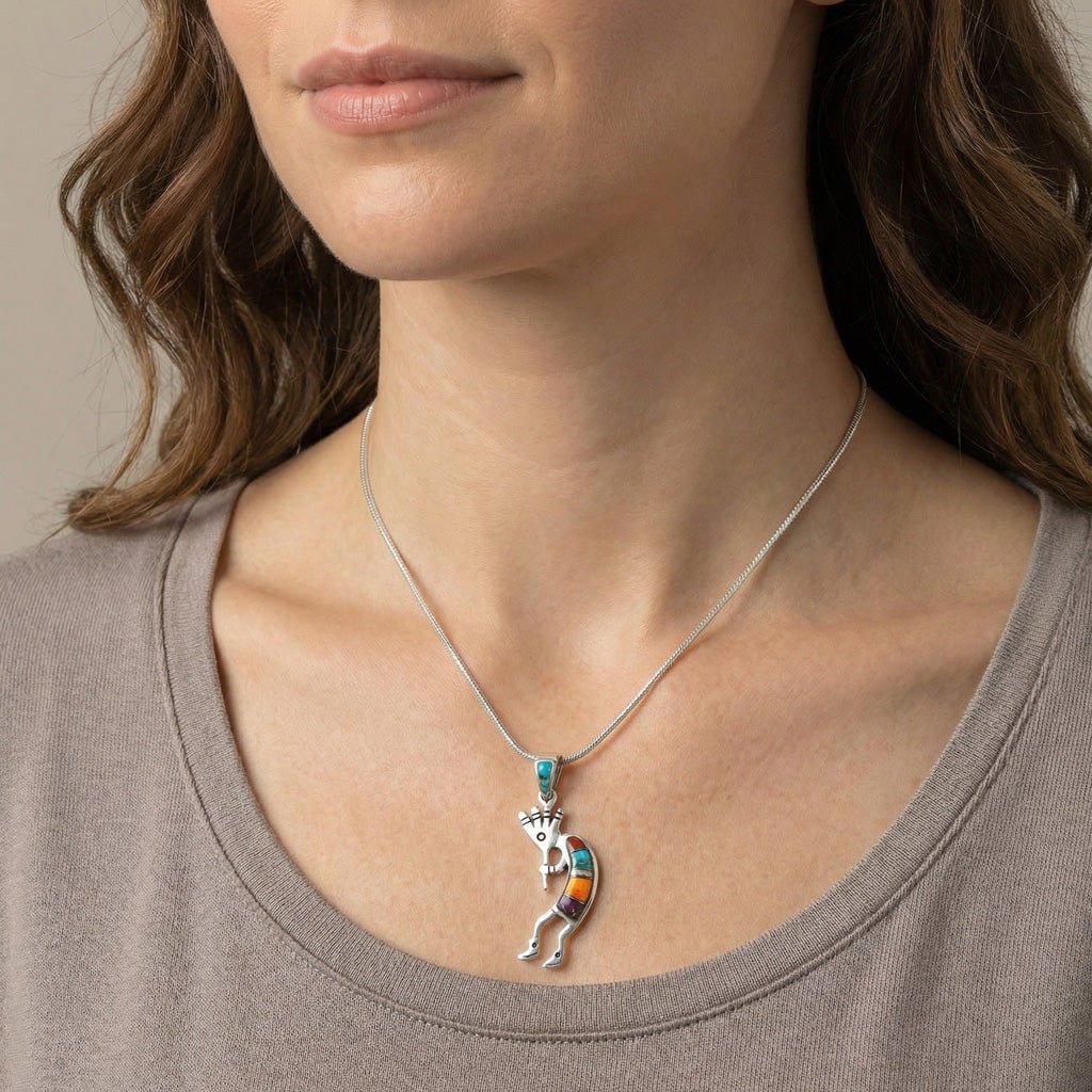 Multi-Gemstone 1.5" Kokopelli Pendant Sterling Silver P3289-SM-C00