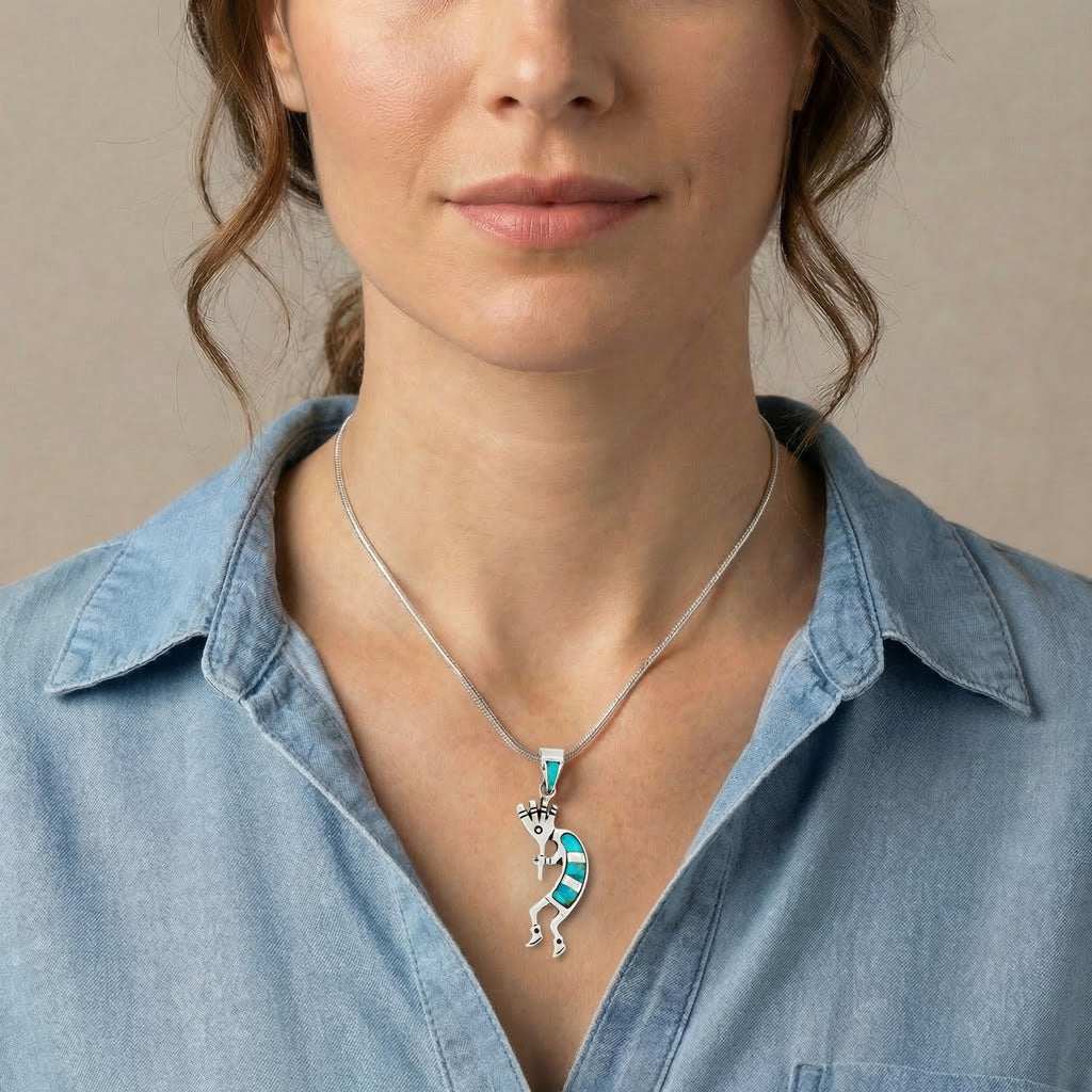 Turquoise 1.5" Kokopelli Pendant Sterling Silver P3289-SM-C05