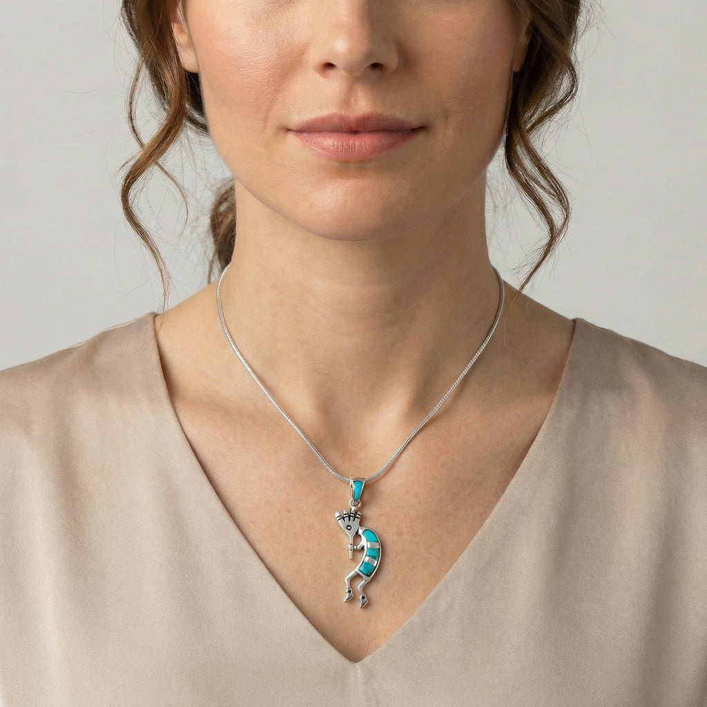 Turquoise 1.5" Kokopelli Pendant Sterling Silver P3289-SM-C05