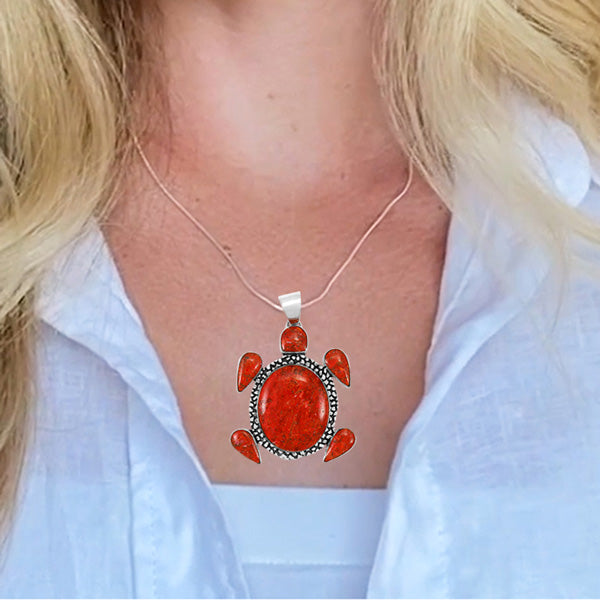 Turtle Pendant Coral Sterling Silver P3321-C74