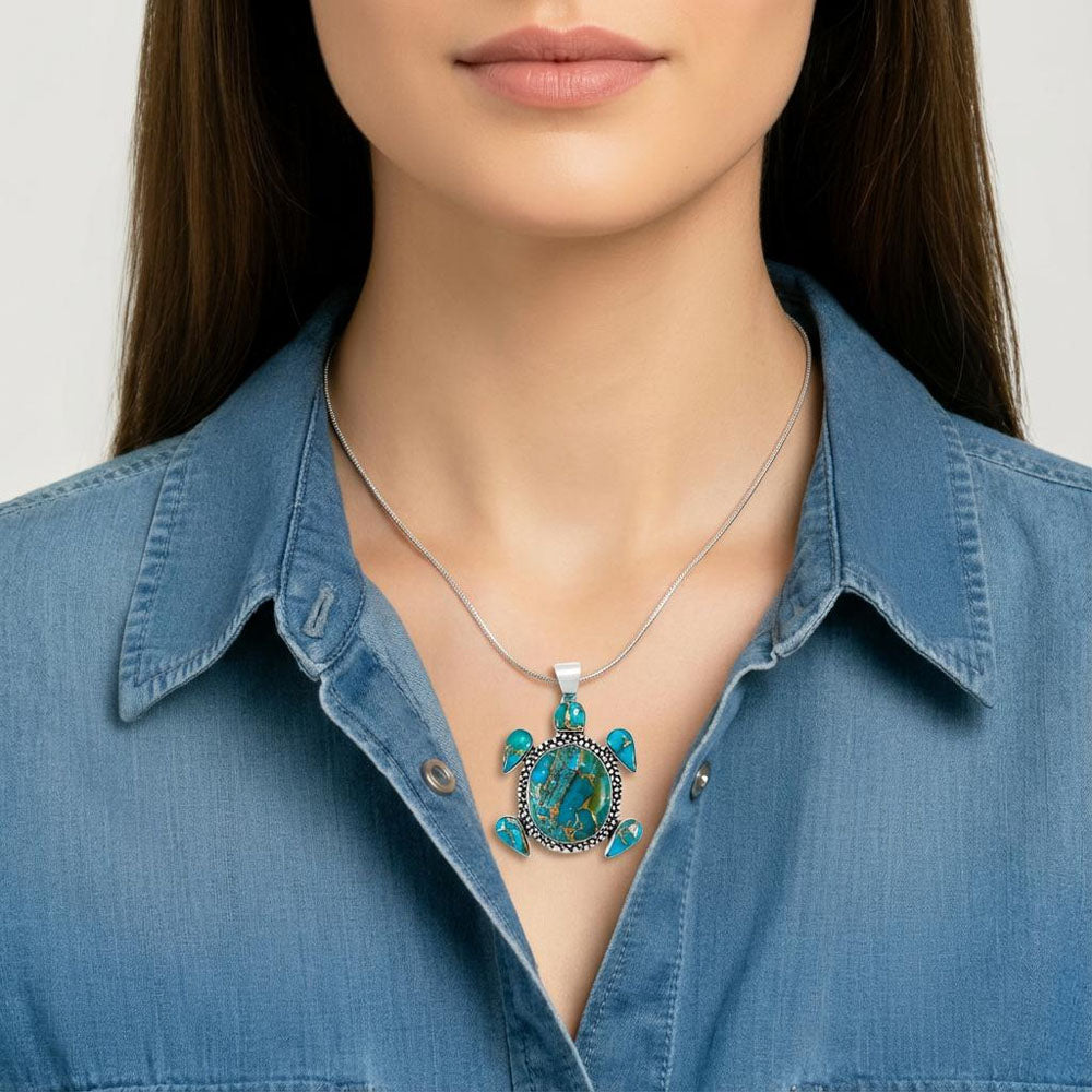 Turtle Pendant Matrix Turquoise Sterling Silver P3321-C84