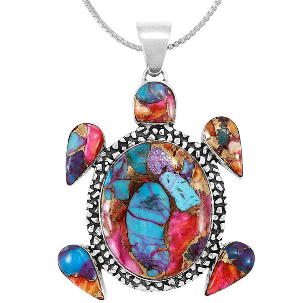 Turtle Pendant Rainbow Spiny Turquoise Sterling Silver P3321-C91