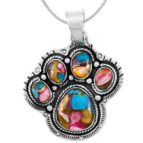 Rainbow Spiny Turquoise Paw Pendant Sterling Silver P3326-C91