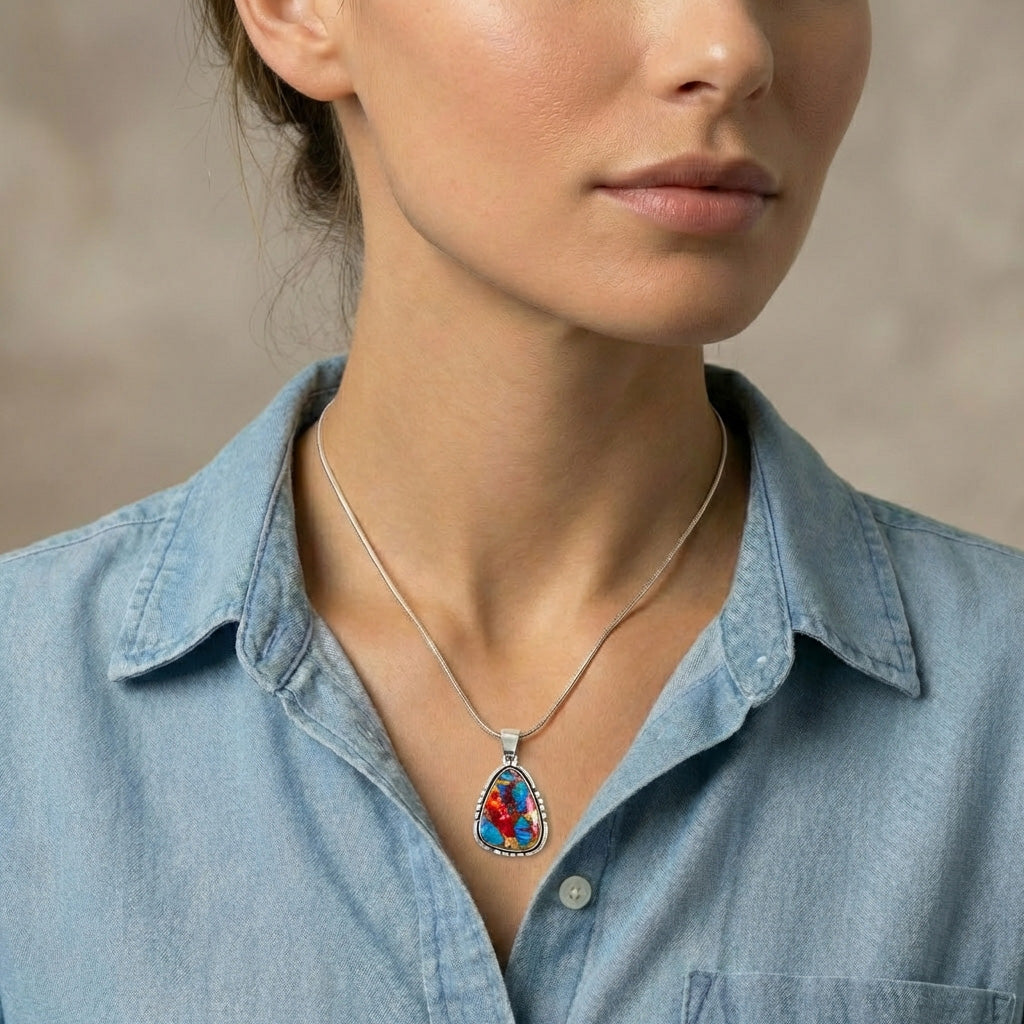 Rainbow Spiny Turquoise Pendant SilverBronzé P3328-SB-C91