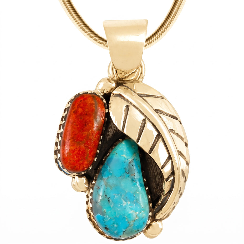 Turquoise & Coral Pendant GoldCopper P3332-GB-BAIL-C85