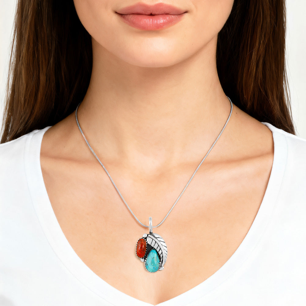 Turquoise & Coral Pendant Sterling Silver P3332-C85