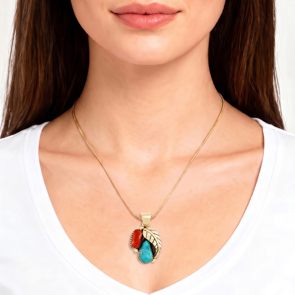 Turquoise & Coral Pendant GoldCopper P3332-GB-BAIL-C85