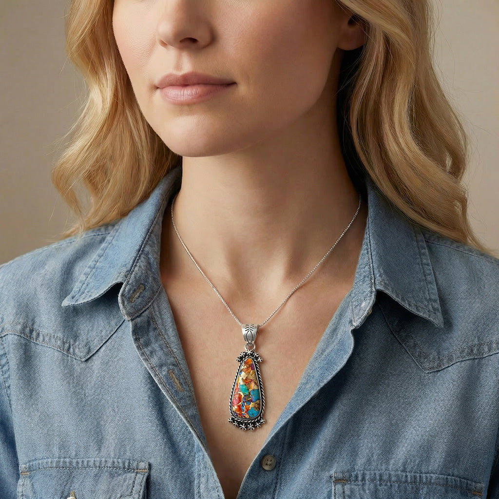 Rainbow Spiny Turquoise Pendant Sterling Silver P3333-C91