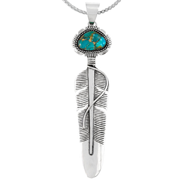 Matrix Turquoise Sterling Silver Feather Pendant P3338-LG-C84 (Larger version)