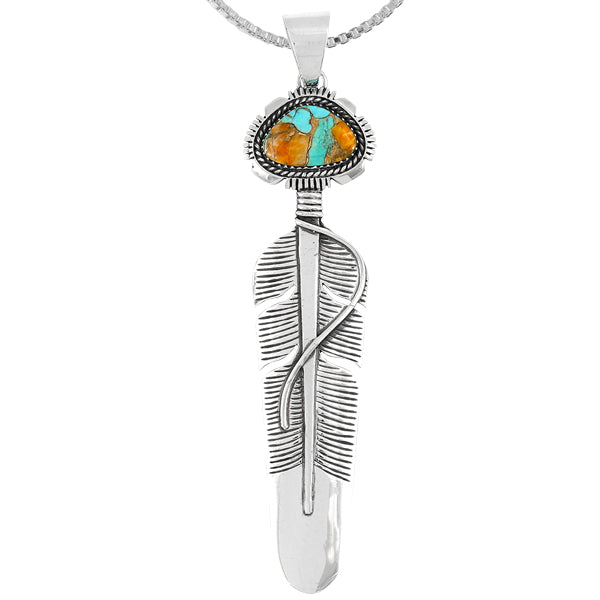 Spiny Turquoise Sterling Silver Feather Pendant P3338-LG-C89 (Larger version)