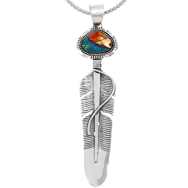 Rainbow Spiny Turquoise Feather Pendant Sterling Silver P3338-LG-C91 (Larger version)