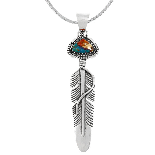 Rainbow Spiny Turquoise Feather Pendant Sterling Silver P3338-SM-C91