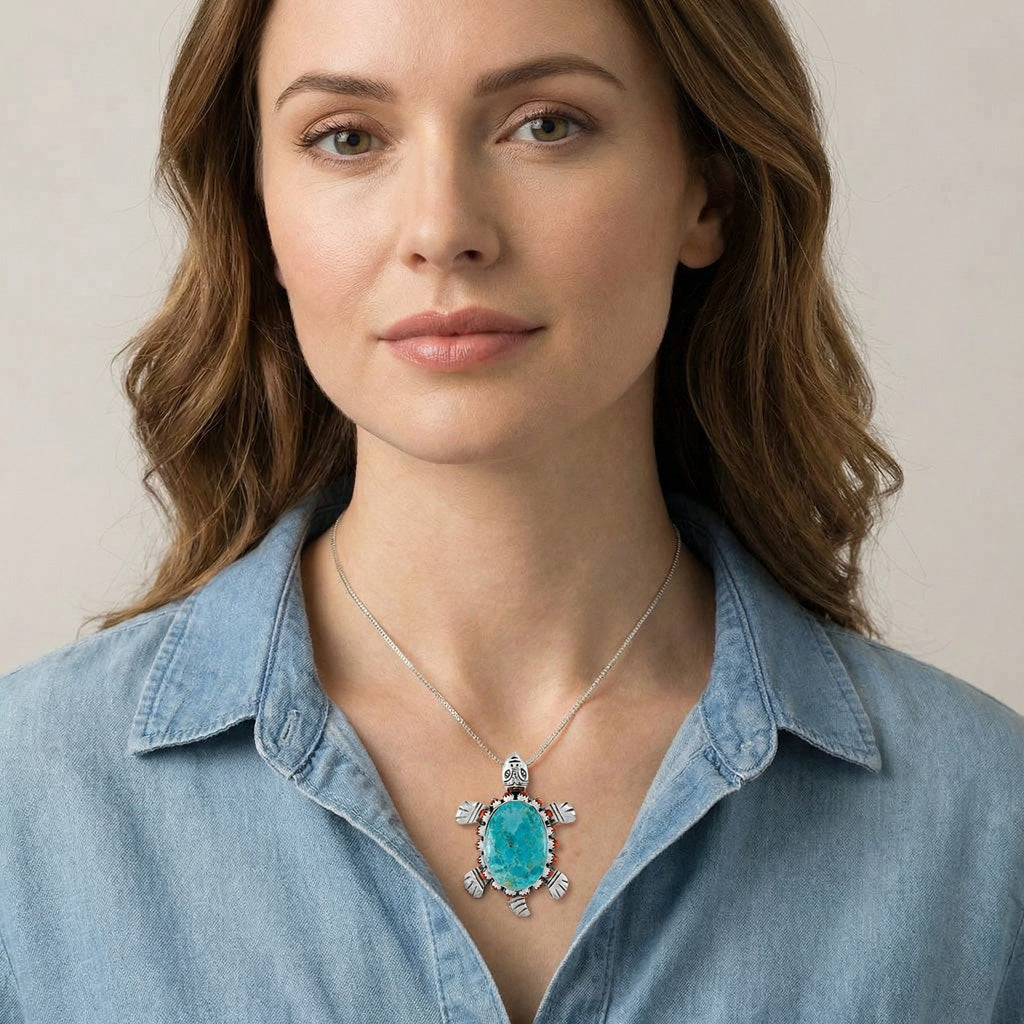 Turquoise & Coral Turtle Pendant Sterling Silver P3342-C85