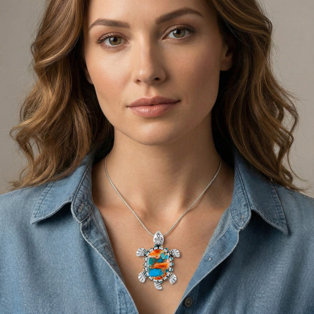 Spiny Turquoise Turtle Pendant Sterling Silver P3342-C89