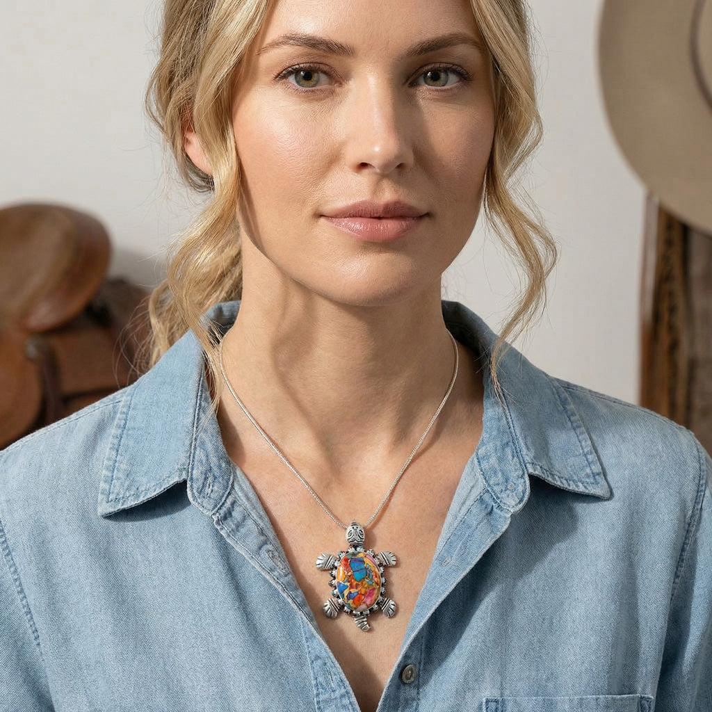 Rainbow Spiny Turquoise Turtle Pendant Sterling Silver P3342-C91