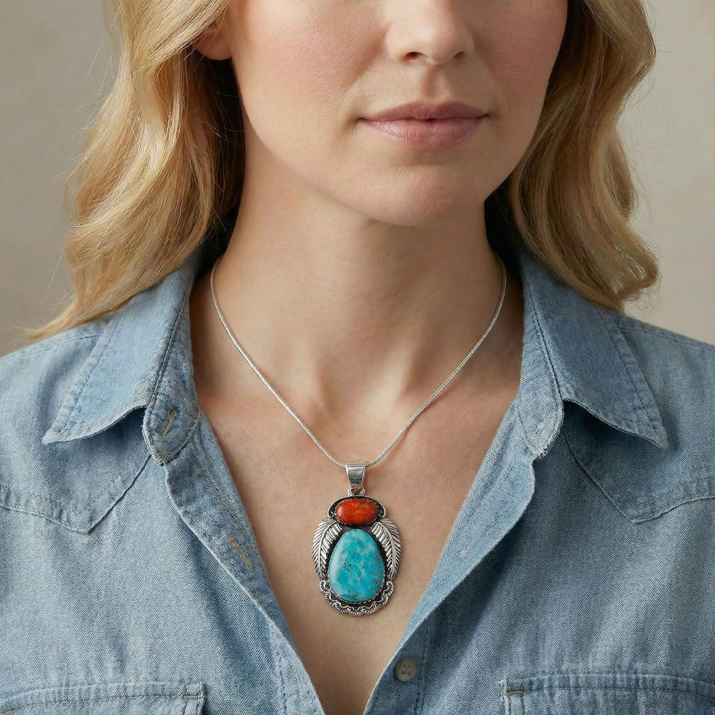 Turquoise & Coral Pendant Sterling Silver P3344-C85A