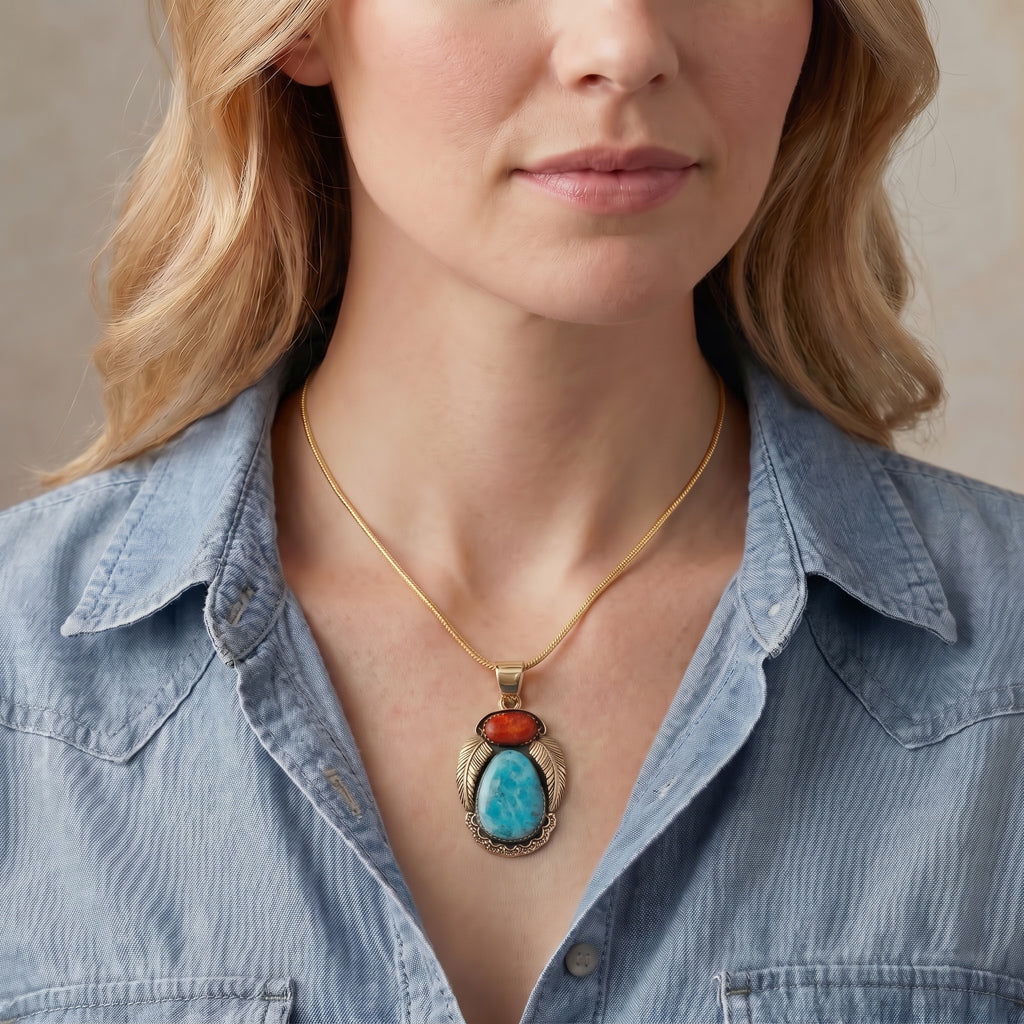Turquoise & Coral Pendant GoldCopper P3344-GB-C85A
