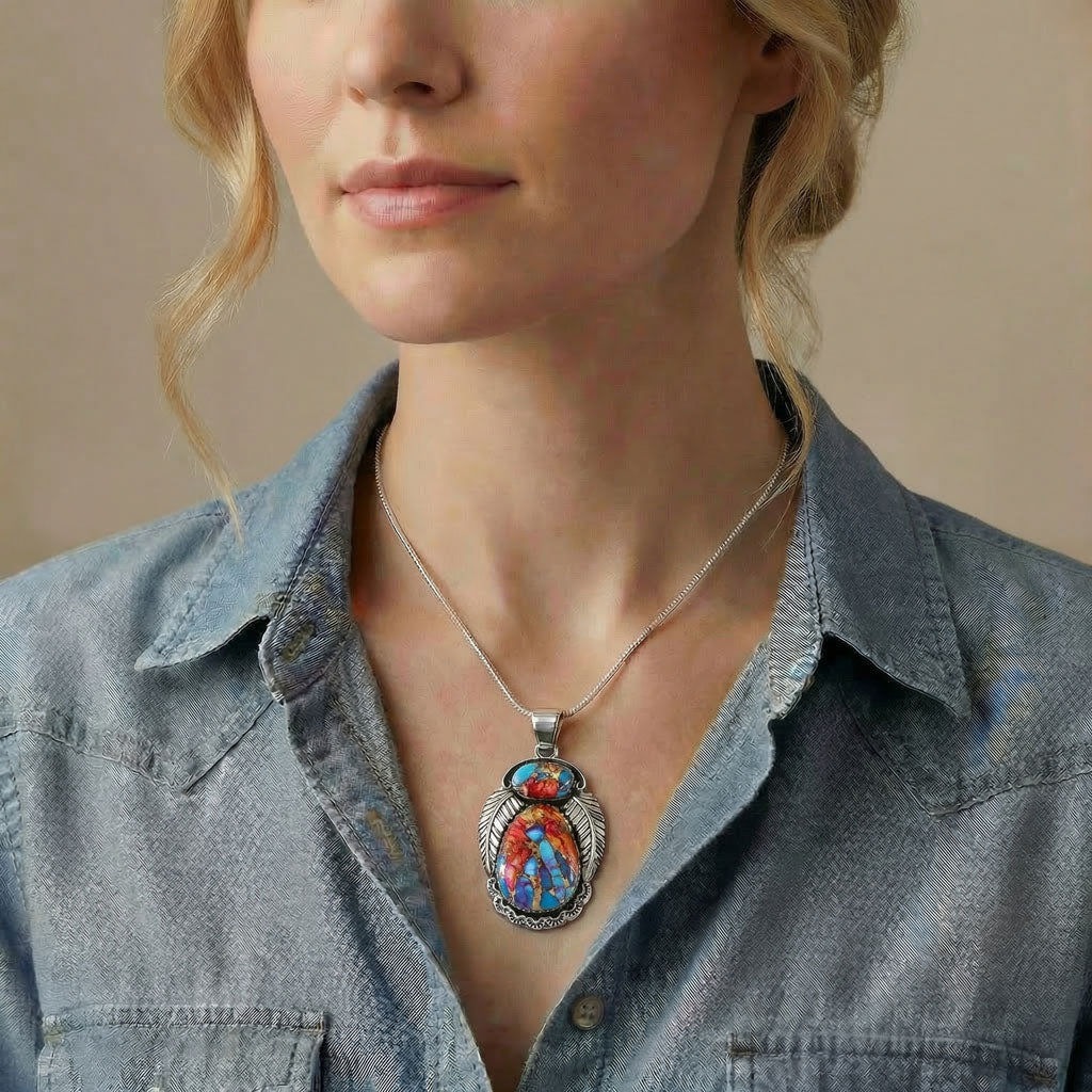 Rainbow Spiny Turquoise Pendant Sterling Silver P3344-C91