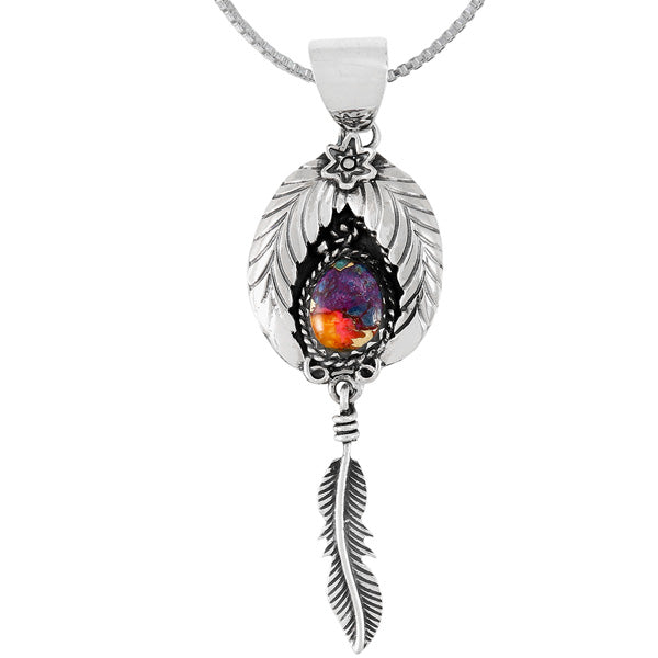 Rainbow Spiny Turquoise Feather Pendant Sterling Silver P3345-C91