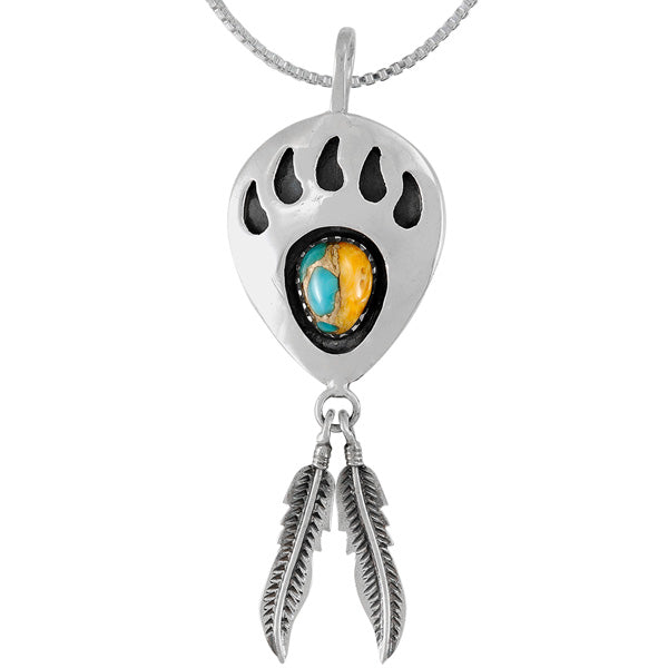 Spiny Turquoise Bear Paw Feather Pendant Sterling Silver P3347-C89