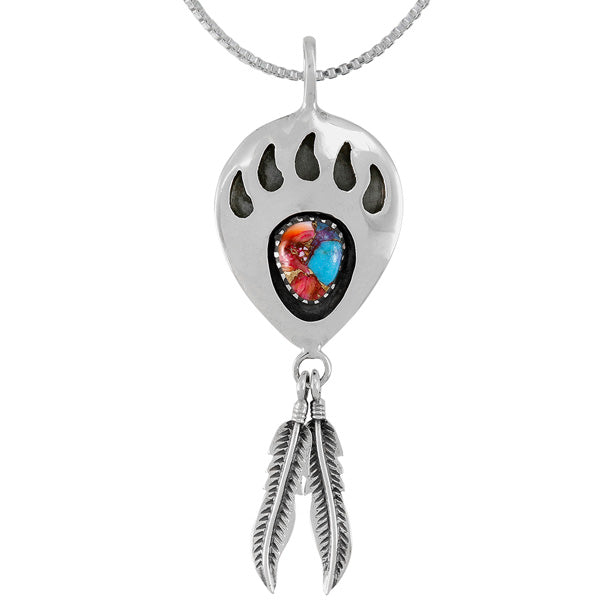 Rainbow Spiny Turquoise Bear Paw Feather Pendant Sterling Silver P3347-C91