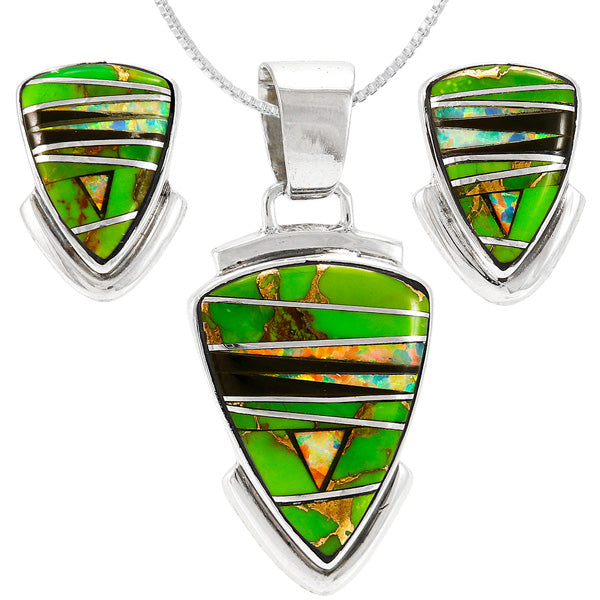 Green Turquoise Pendant & Earrings Set Sterling Silver PE4005-C22