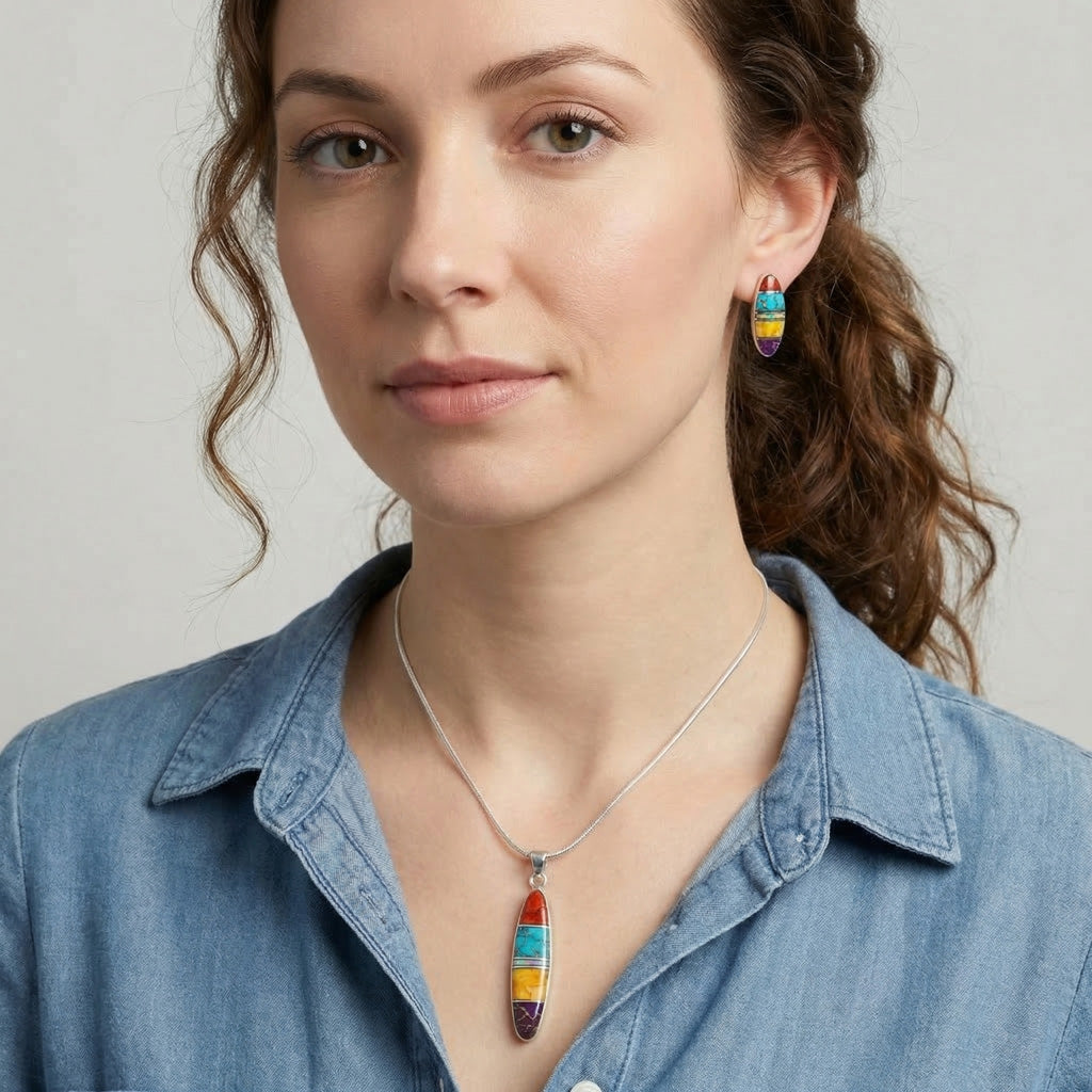 Sterling Silver Pendant & Earrings Set Multicolor PE4008-C00