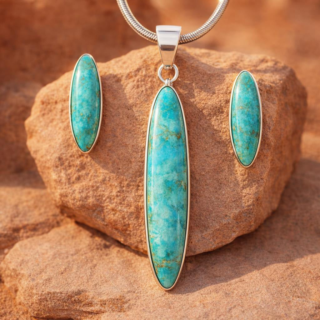 Turquoise Pendant & Earrings Set Sterling Silver PE4008-C75