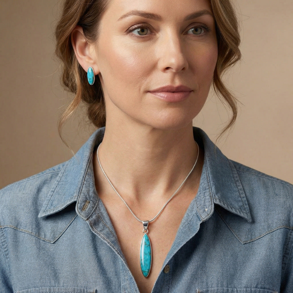 Turquoise Pendant & Earrings Set Sterling Silver PE4008-C75
