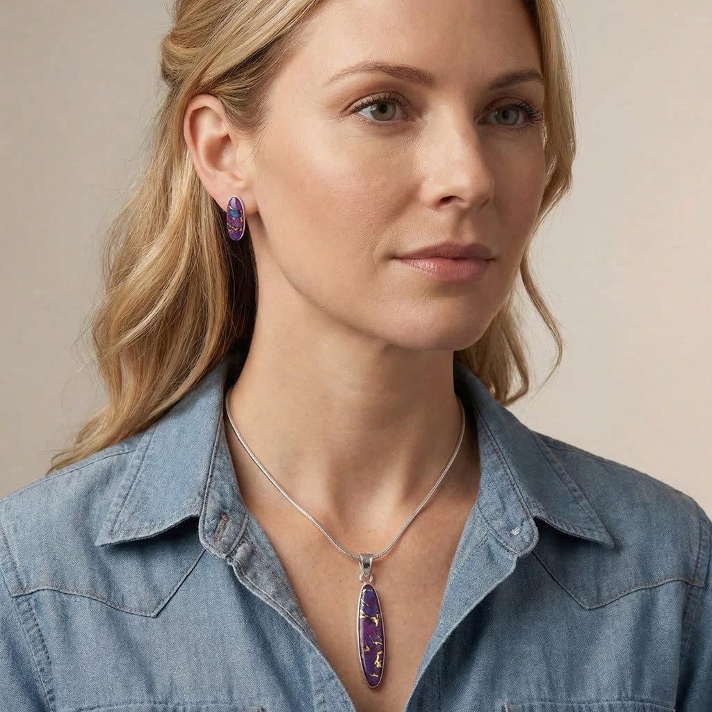 Purple Turquoise Pendant & Earrings Set Sterling Silver PE4008-C77