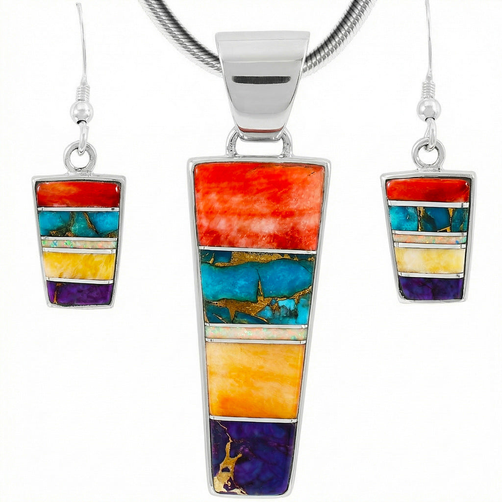 Sterling Silver Pendant & Earrings Set Multicolor PE4012-C01