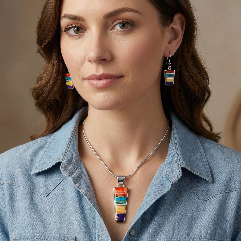 Sterling Silver Pendant & Earrings Set Multicolor PE4012-C01