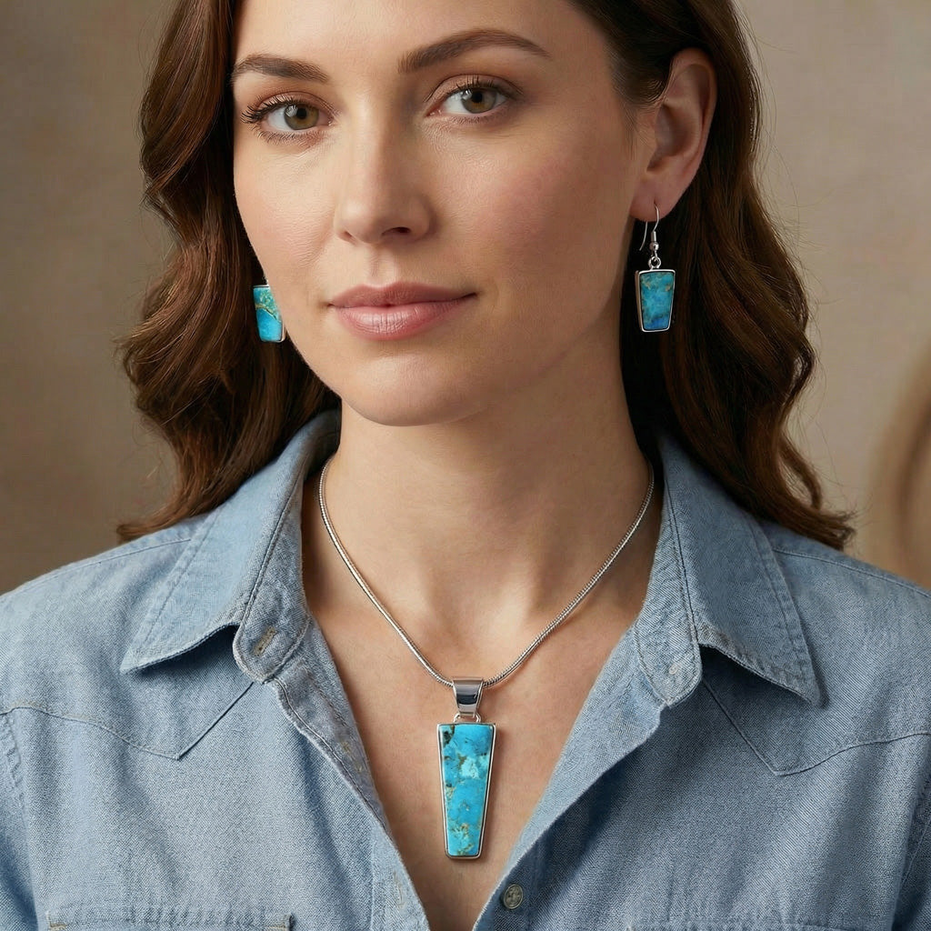 Sterling Silver Pendant & Earrings Set Turquoise PE4012-C75