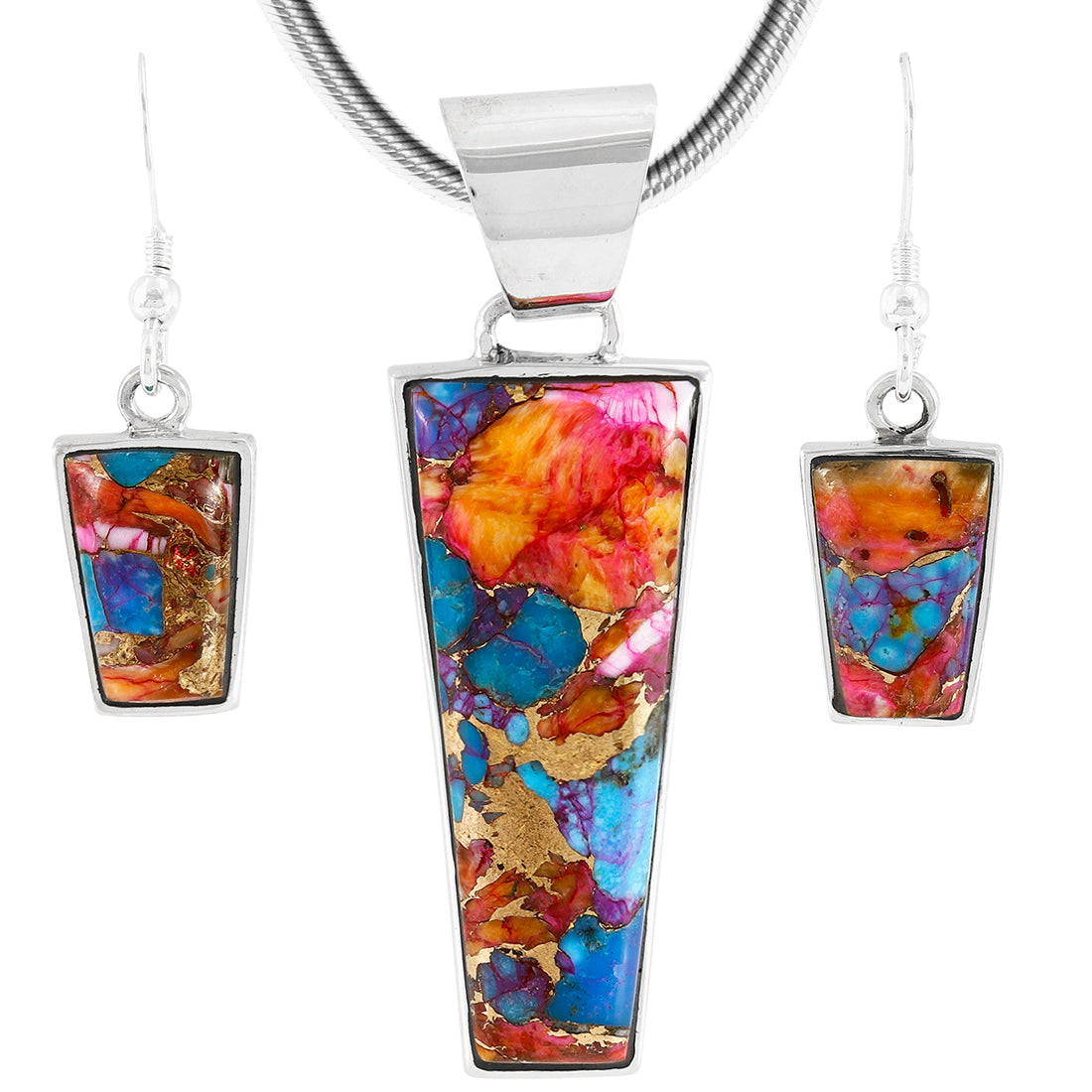 Rainbow Spiny Turquoise Pendant & Earrings Set Sterling Silver PE4012-C91