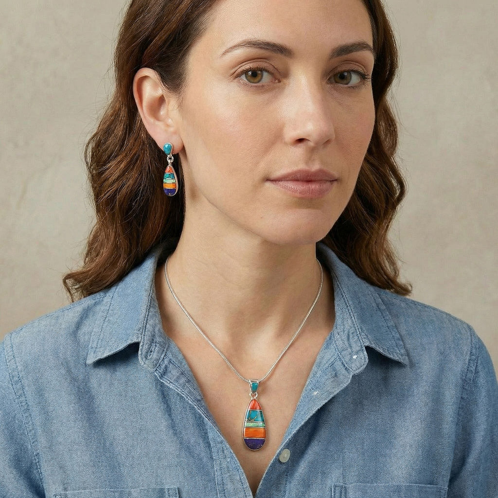 Sterling Silver Pendant & Earrings Set Multicolor PE4014-C00