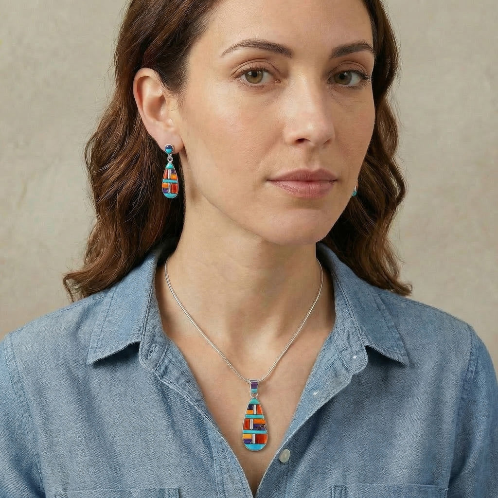 Sterling Silver Pendant & Earrings Set Multicolor PE4014-C51