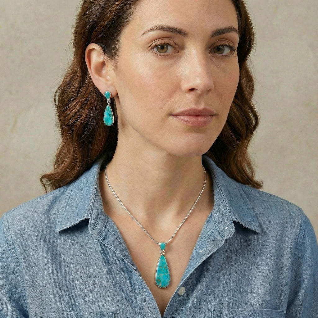 Sterling Silver Pendant & Earrings Set Turquoise PE4014-C75