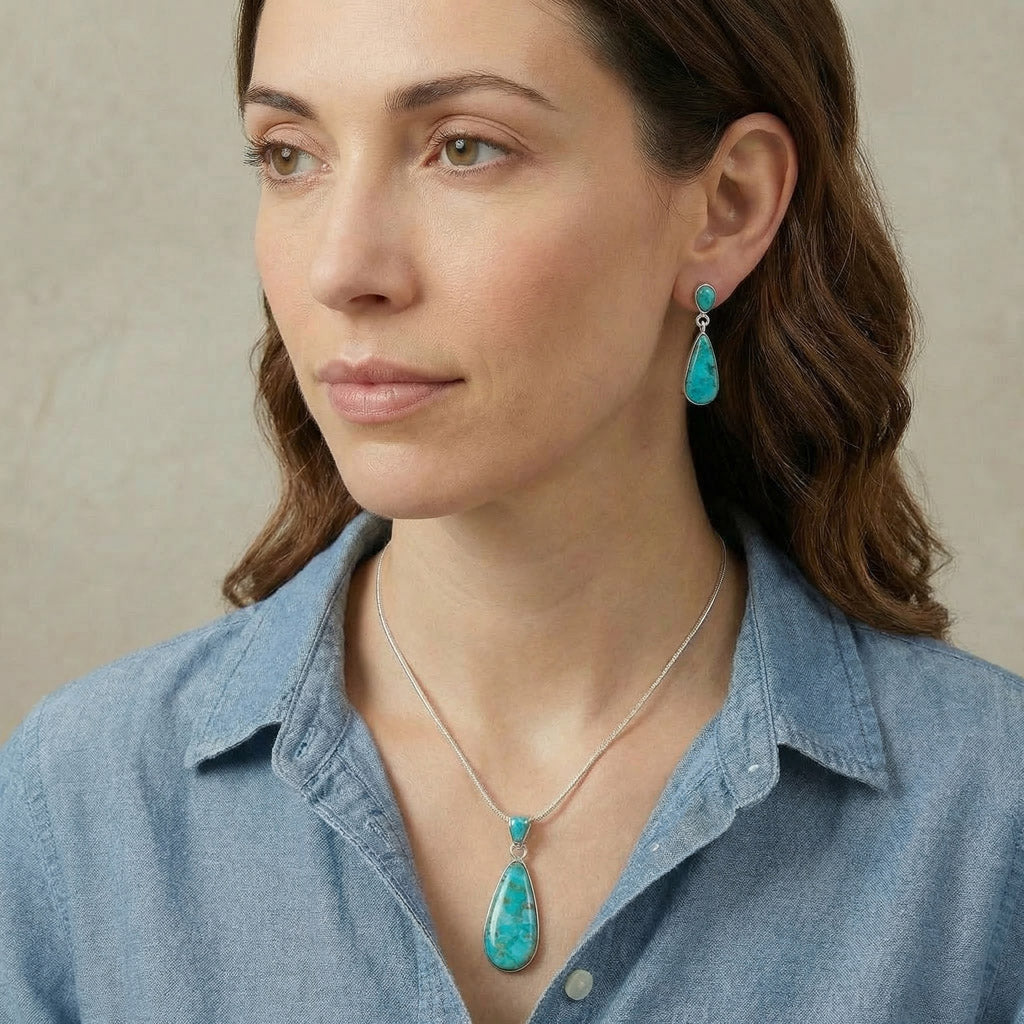 Sterling Silver Pendant & Earrings Set Turquoise PE4014-C75