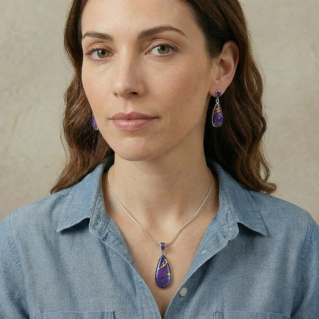 Sterling Silver Pendant & Earrings Set Purple Turquoise PE4014-C77