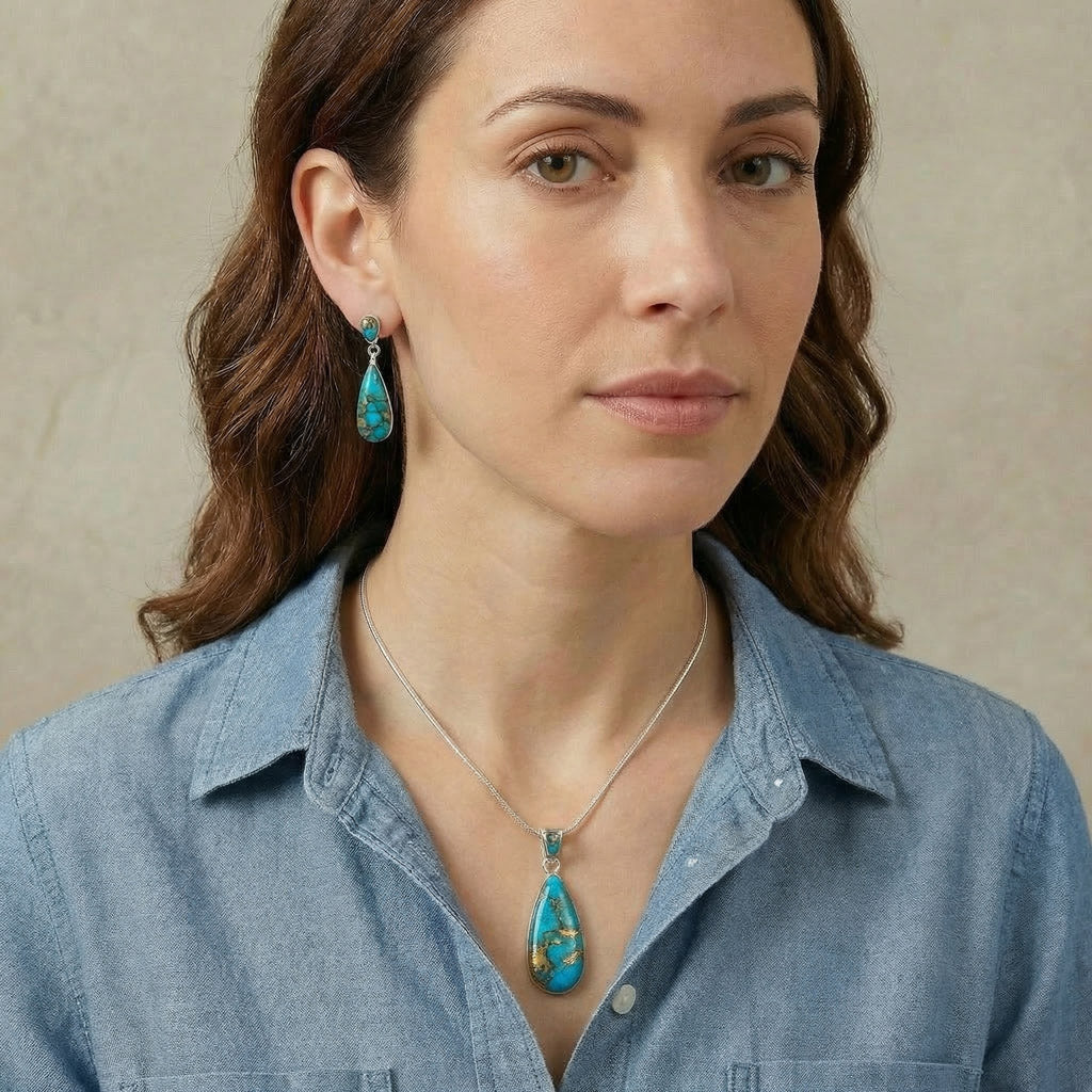 Sterling Silver Pendant & Earrings Set Matrix Turquoise PE4014-C84