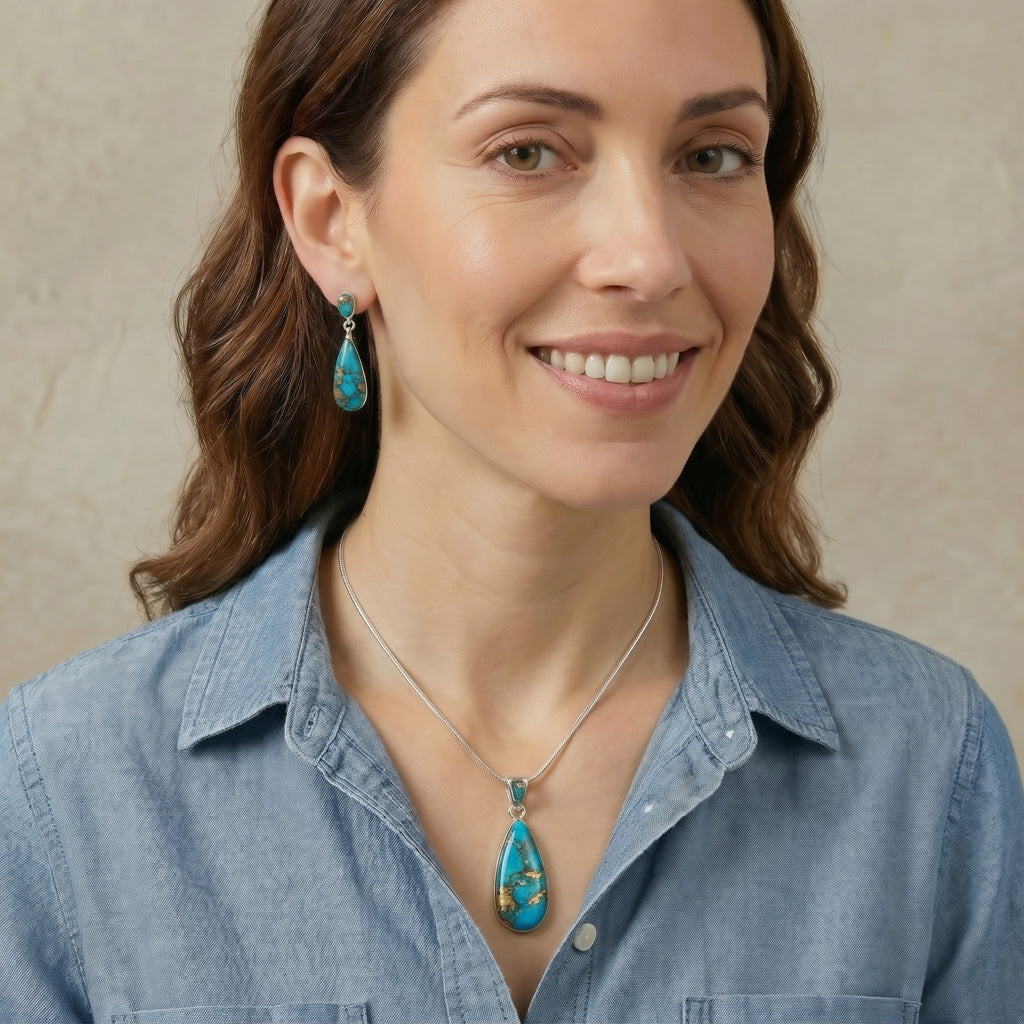 Sterling Silver Pendant & Earrings Set Matrix Turquoise PE4014-C84