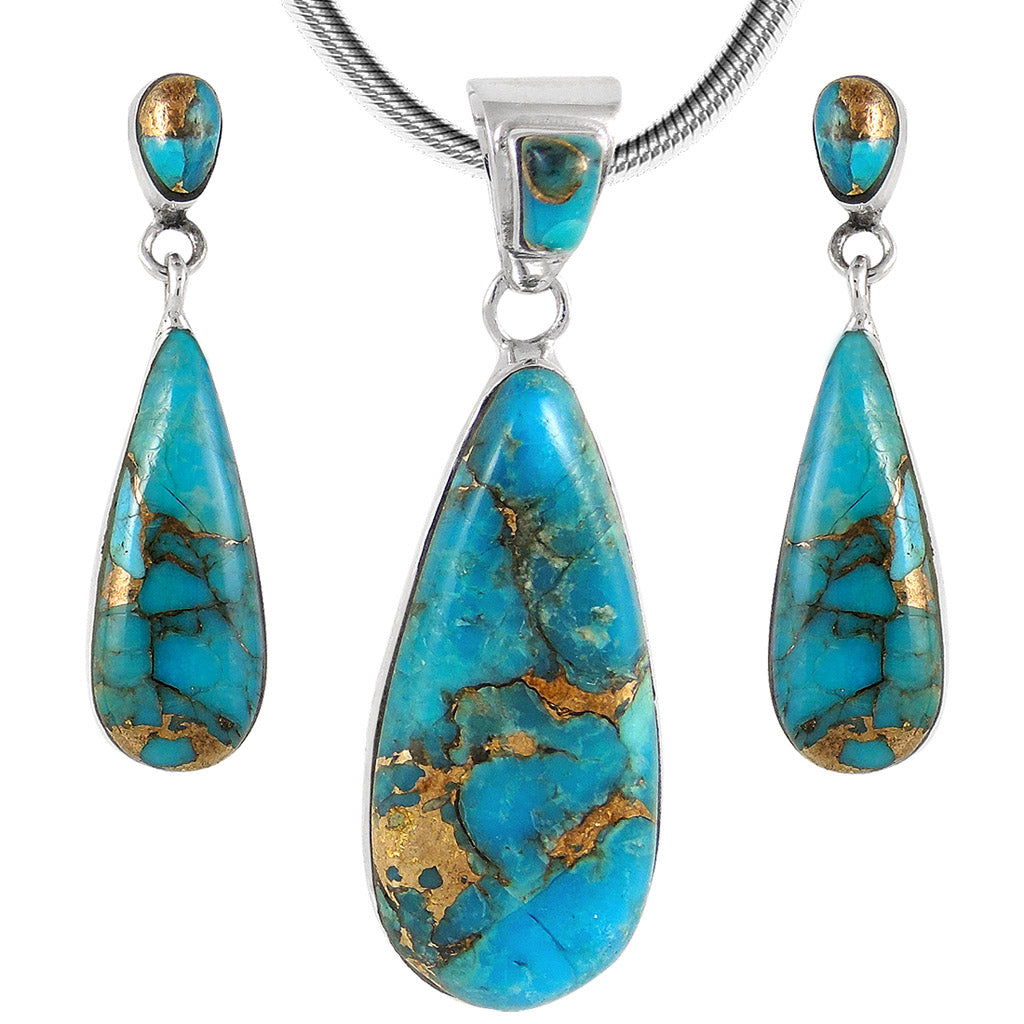 Sterling Silver Pendant & Earrings Set Matrix Turquoise PE4014-C84