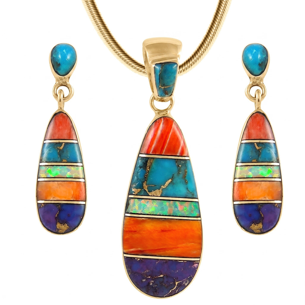 Multi Gemstones Pendant & Earrings Set GoldCopper PE4014-GB-C00