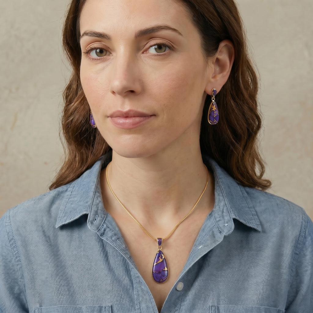 Purple Turquoise Pendant & Earrings Set GoldCopper PE4014-GB-C77