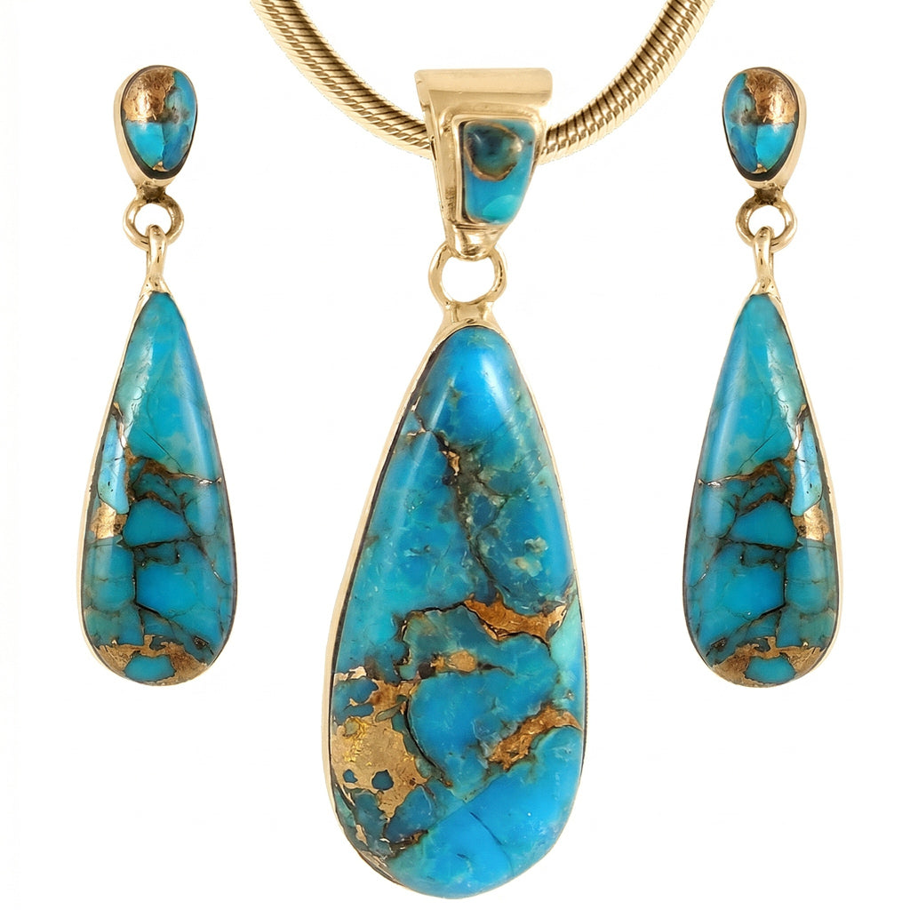 Matrix Turquoise Pendant & Earrings Set GoldCopper PE4014-GB-C84