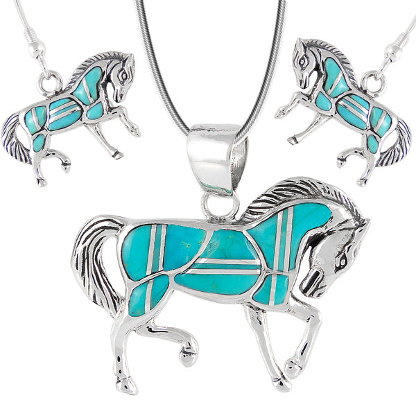 Sterling Silver Horse Pendant & Earrings Set Turquoise PE4016-C05