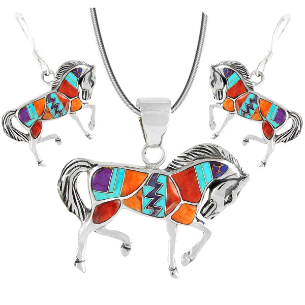 Sterling Silver Horse Pendant & Earrings Set Multicolor PE4016-C30