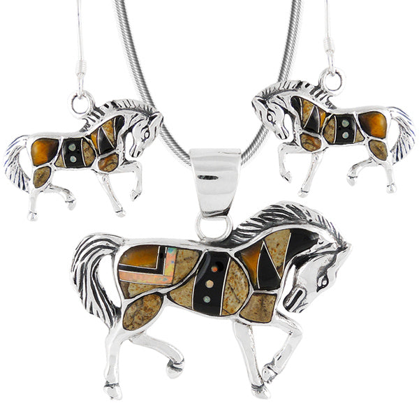 Horse Multicolor Pendant & Earrings Set Sterling Silver PE4016-C34